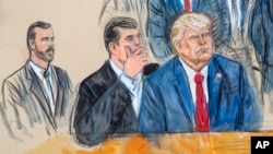 This artist sketch depicts former President Donald Trump, right, conferring with defense lawyer Todd Blanche, center, during his court appearance in Washington, Aug. 3, 2023. Special Prosecutor Jack Smith is at left. (Dana Verkouteren via AP)