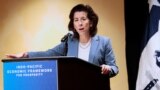 US Commerce Secretary Gina Raimondo addresses the media during the Indo-Pacific Economic Framework meeting in Detroit, Michigan, May 27, 2023. 