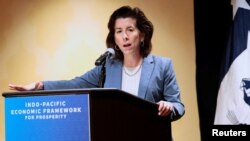 US Commerce Secretary Gina Raimondo addresses the media during the Indo-Pacific Economic Framework meeting in Detroit, Michigan, May 27, 2023. 