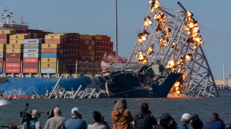 Crews conduct controlled demolition on collapsed Baltimore bridge