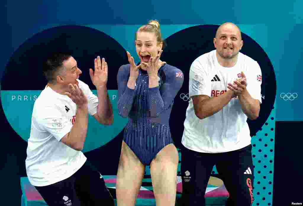 Bryony Page of Britain celebrates during the women's trampoline final at Bercy Arena, Paris, France, during the 2024 Olympic Games.