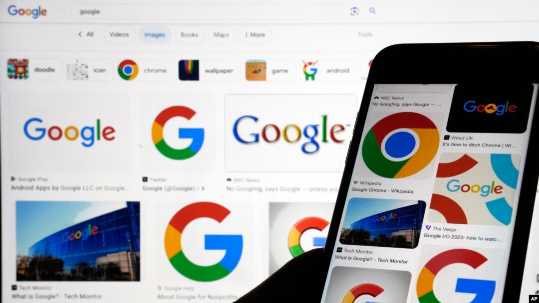 This file image shows various Google logos displayed on a Google search, Monday, Sept. 11, 2023, in New York. (AP Photo/Richard Drew, File)