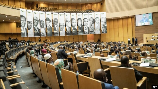 A general view of a banner showing the founders of the Organization of African Unity during the 60th anniversary of the organization that is now the African Union, at African Union headquarters in Addis Ababa, Ethiopia, on May 25, 2023.