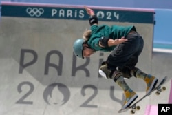 South Africa's Dallas Oberholzer competes during the men's skateboard park preliminary session during the 2024 Summer Olympics, in Paris, France, Aug. 7, 2024.