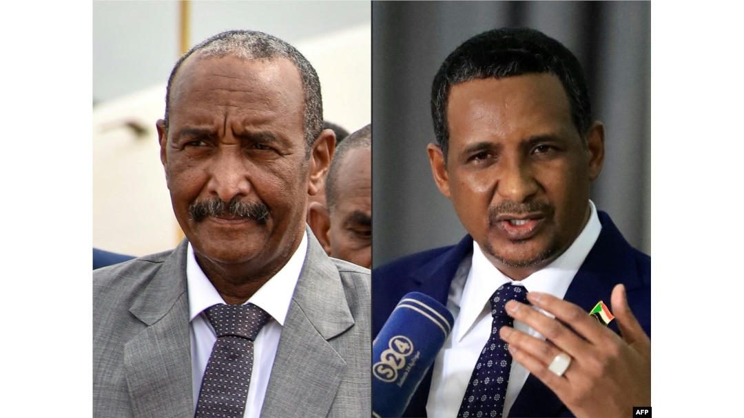 General Abdel Fattah al-Burhan, the commander of Sudan's armed forces, left, in Juba on Oct. 14, 2019 and General Mohamed Hamdan Dagalo, who commands the paramilitary Rapid Support Forces, at Khartoum airport on March 2, 2022.