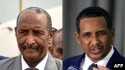 FILE — Combination of pictures created on April 18, 2023 showing Sudan's army chief, Lieutenant-General Abdel Fattah al-Burhan (L), and Mohamed Hamdan Daglo (R), who commands the paramilitary Rapid Support Forces (RSF).
