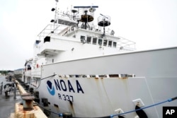 The NOAA Okeanos Explorer sits at a dock, in Kodiak, Alaska, June 23, 2023.