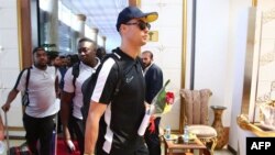 Saudi football club al-Nassr's Portuguese forward Cristiano Ronaldo arrives at Tehran's Imam Khomeini International Airport, Sept. 18, 2023. (Photo by Persepolis FC / AFP)