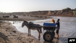 FILE - A youngster fills a water in the Shabelle river in the city of Gode, Ethiopia, on Jan. 14, 2023.