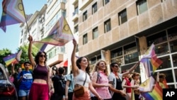 People shout slogans during the LGBTQ Pride March in Istanbul, Turkey, June 25, 2023.