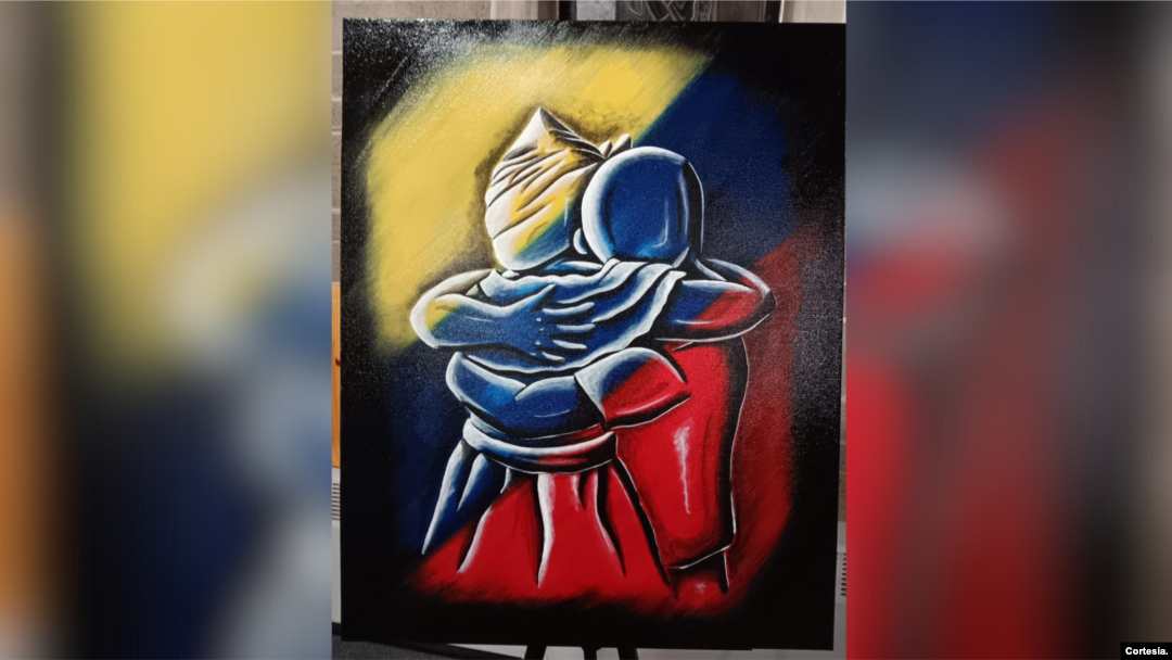 Uno de los cuadros del venezolano refleja la despedida entre una madre y su hijo.