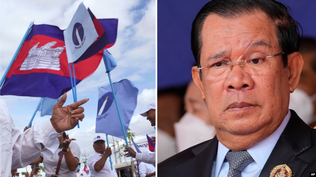 រូបផ្គុំនៃទង់តំណាងគណបក្សភ្លើងទៀន (ឆេ្វង) និងនាយករដ្ឋមន្ត្រីកម្ពុជា លោក ហ៊ុន សែន។