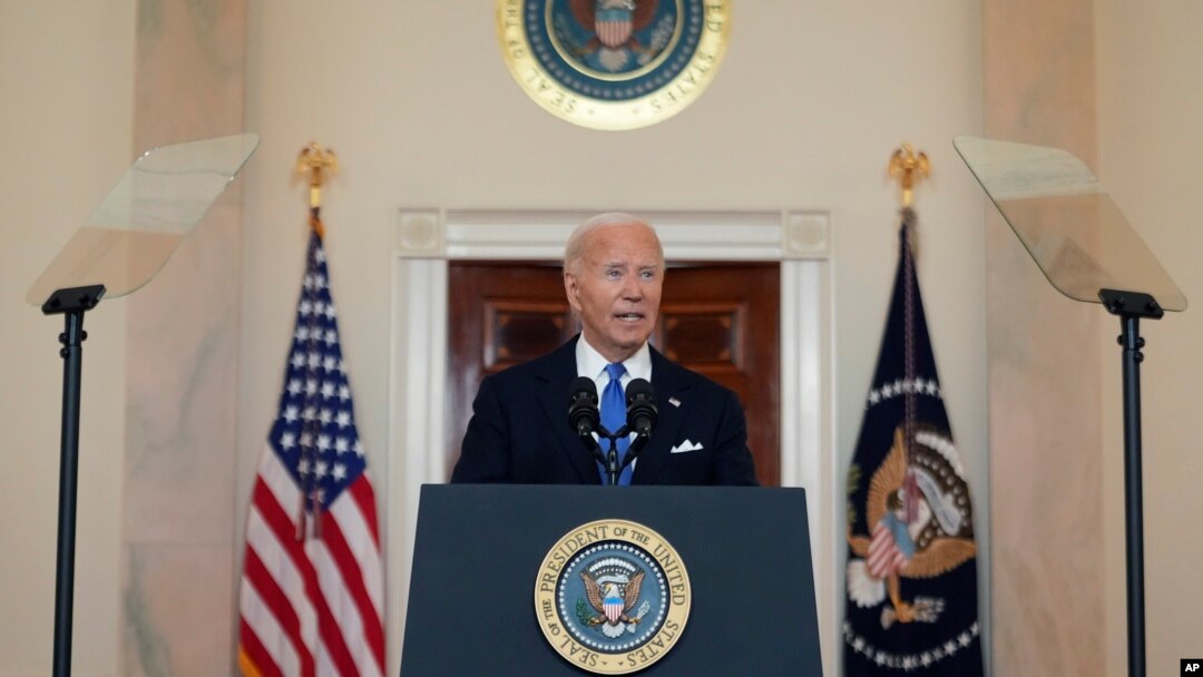 President Joe Biden speaks in the Cross Hall of the White House, July 1, 2024, in Washington.