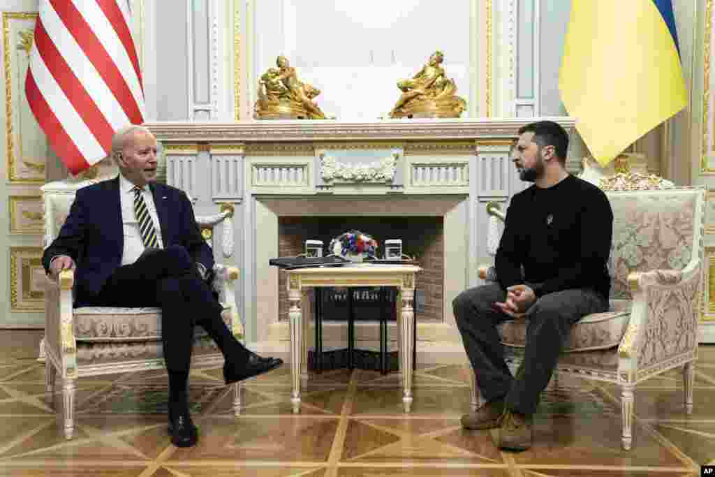 U.S. President Joe Biden meets with Ukrainian President Volodymyr Zelenskyy at Mariinsky Palace during an unannounced visit in Kyiv, Feb. 20, 2023.