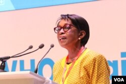 WHO Africa Regional Director, Matshidiso Moeti, speaking during the meeting in Gaborone, Aug. 28, 2023. (Mqondisi Dube/VOA)