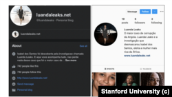 Páginas de Facebook e Instagram que promovem luandaleaks.net. As imagens são em grande parte plagiadas dos relatórios de investigação originais do ICIJ.