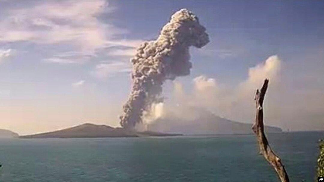 Image from video released by Indonesia's Center for Volcanology and Geological Disaster Mitigation Agency (PVMBG), Anak Krakatau volcano erupts, June 9, 2023, Sunda Strait, Indonesia.