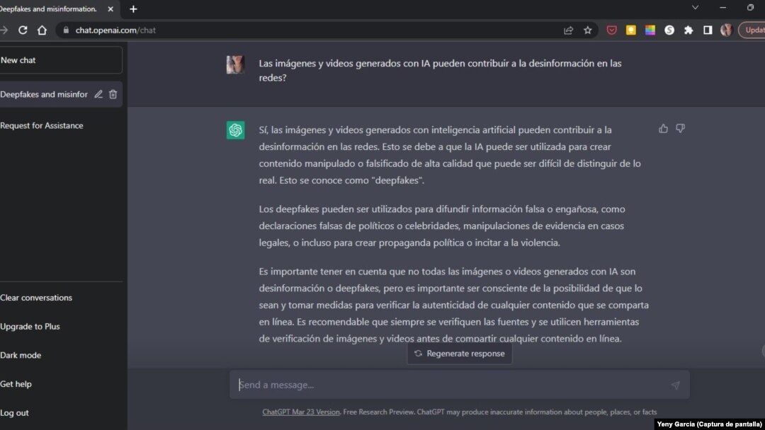 Una captura de pantalla muestra respuestas del chatbot ChatGPT sobre la Inteligencia Artificial y la desinformación.