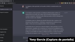 Una captura de pantalla muestra respuestas del chatbot ChatGPT sobre la Inteligencia Artificial y la desinformación.