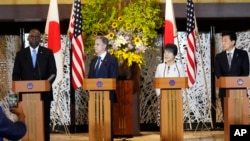 U.S. Defense Secretary Lloyd Austin, Secretary of State Antony Blinken, speaks during a joint news conference with their counterparts, Japanese Foreign Minister Yoko Kamikawa and Defense Minister Minoru Kihara at the Foreign Ministry in Tokyo, July 28, 2024.