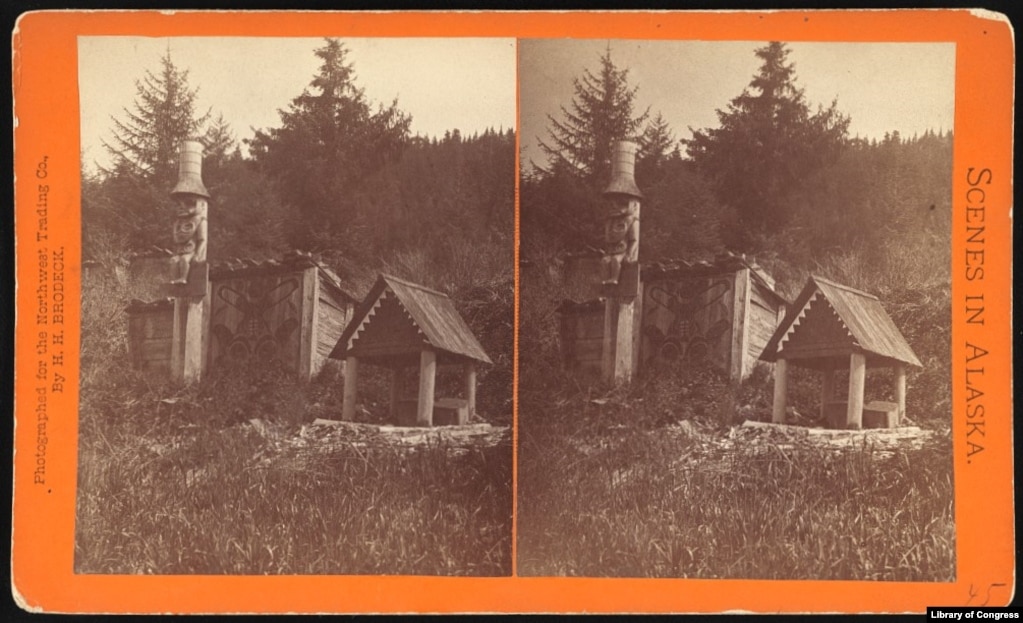 1891 stereograph card published by the Portland-based North West Trading Company entitled "Shamans Graves, Alaska."