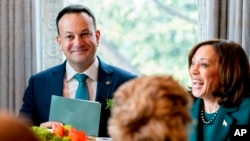 Ireland's Taoiseach Leo Varadkar, left, and Vice President Kamala Harris, right, attend a St. Patrick's Day breakfast at the Vice President's residence in Washington, March 17, 2023.