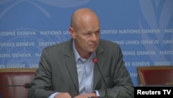 FILE — Screengrab from Reuters video of Jens Laerke, the spokesperson for OCHA, addressing a news briefing, at the U.N. buildings in Geneva, Switzerland, on April 30, 2019