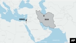 ISRAEL with Tel Aviv locator, and IRAN with Tehran locator, highlighted on Middle East map, partial graphic