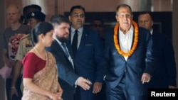 Russian Foreign Minister Sergey Lavrov arrives at a hotel ahead of the G20 Summit in New Delhi, Sept. 8, 2023.
