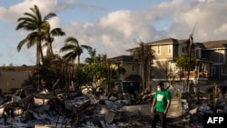 A Mercy Worldwide volunteer makes damage assessment of charred apartment complex in the aftermath of a wildfire in Lahaina, western Maui, Hawaii, Aug. 12, 2023.