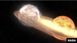 资料照片：NASA示意图模拟了北冕座T(又称T CrB)新星爆发的状况。