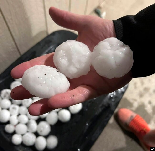 In this image provided by Jeremy Crabtree, large chunks of hail are shown, March 13, 2024, in Shawnee, Kansas. storm