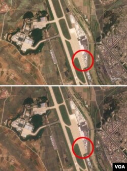 12일 미국 민간 위성 서비스 ‘플래닛 랩스’가 촬영한 북한 평양공항의 영상사진. 고려항공 항공기들이 지난 6일부터 10일 사이 공항 터미널 건물 근처 계류장에서 사라져있다. (화면출처: 플래닛 랩스)