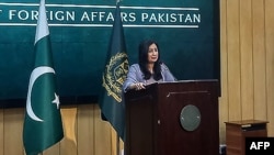 FILE - Pakistan's Ministry of Foreign Affairs spokeswoman Mumtaz Zahra Baloch speaks during a media briefing in Islamabad, Jan. 18, 2024.