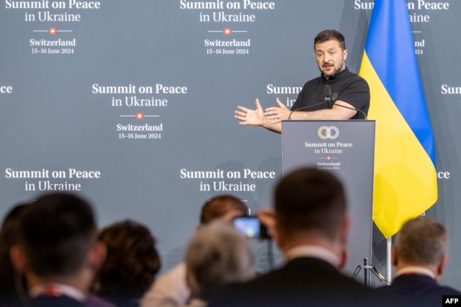 Ukraine's President Volodymyr Zelenskyy addresses Ukraine's closing press conference of the Summit on peace in Ukraine, at the luxury Burgenstock resort, near Lucerne, Switzerland, June 16, 2024.