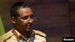 Deputy head of Sudan's sovereign council General Mohamed Hamdan Dagalo speaks during a press conference at Rapid Support Forces head quarter in Khartoum, Feb. 19, 2023. 