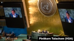 Thailand's Prime Minister Srettha Thavisin addresses the 78th session of the United Nations General Assembly on Friday, Sept. 22, 2023.