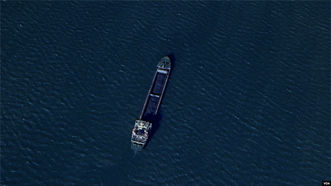 대동강변에 떠 있는 선박의 적재함에서 석탄이 가득한 모습을 볼 수 있다. 사진=Airbus (via Google Earth)