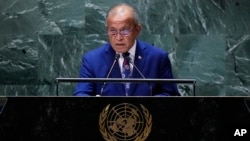 Marshall Islands President David Kabua addresses the 78th session of the United Nations General Assembly, Sept. 20, 2023, at U.N. headquarters. 