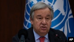 FILE - U.N. Secretary-General Antonio Guterres speaks at a news conference in Baghdad, Iraq, March.1, 2023.