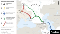 نقشه‌ای که خبرگزاری رویترز از مسیر ارسال پهپاد ایرانی به روسیه منتشر کرده است.