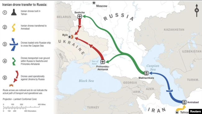 نقشه‌ای که خبرگزاری رویترز از مسیر ارسال پهپاد ایرانی به روسیه منتشر کرده است.
