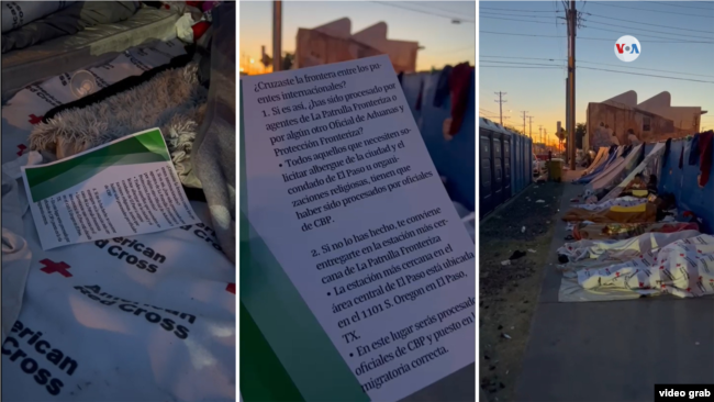 Migrantes en un campamento improvisado en las afueras de la iglesia Sagrado Corazón, en El Paso, se despiertan con unos documentos dejados a sus pies que les indican que deben entregarse en puntos fronterizos si han cruzado a EEUU irregularmente.
