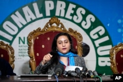 Munizae Jahangir, the co-chairperson at the Human Rights Commission of Pakistan, speaks during a news conference, in Islamabad, Pakistan, Jan. 1, 2024.