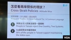 台湾民众党主席柯文哲在乔治华盛顿大学演讲时谈民众党对两岸关系看法的图片。(2023年4月17日，美国之音锺辰芳拍摄）