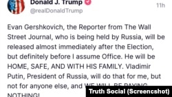 Objava Donalda Trampa na mreži Truth Social (screenshot)