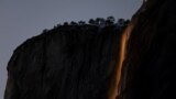 Horsetail Fall at El Capitan is seen during sunset in Yosemite National Park, California, Feb. 15, 2023.