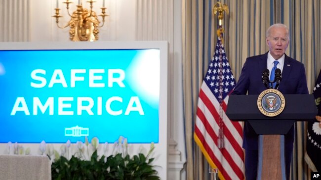 President Joe Biden speaks about his actions to fight crime and make communities safer in the State Dining Room of the White House in Washington, Feb. 28, 2024.
