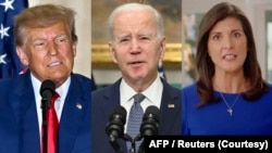 Ba ứng cử viên chính thức tuyên bố tranh cử Tổng thống năm 2024: Cựu Tổng thống Cộng hòa Donald Trump (trái) đương kim Tổng thống thuộc đảng Dân chủ Joe-Biden (giữa) và cựu đại sứ Mỹ tại LHQ NIkki-Haley thuộc đảng Cộng hòa (phải).