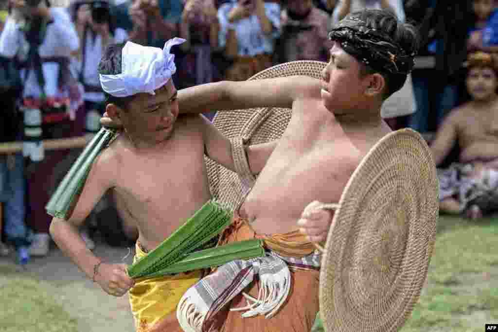 Balinese villagers fight using thorny pandanus leaves and rattan shields during the annual Perang Pandan (Pandanus War) event in Tenganan on the Indonesian resort island of Bali island.